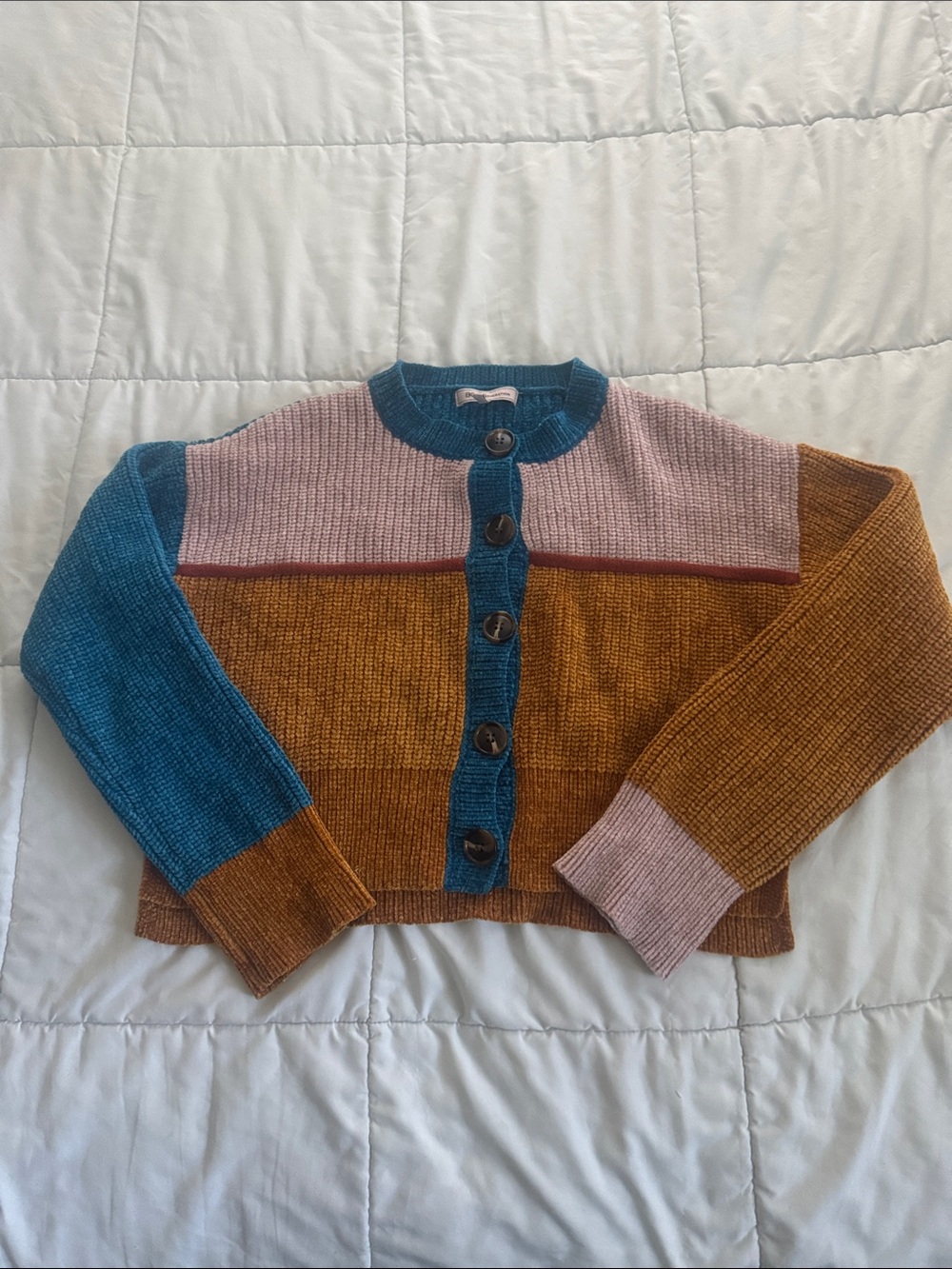 BCBGeneration Colorblock Cropped Button-Front Cardigan in Blue, Pink, Brown